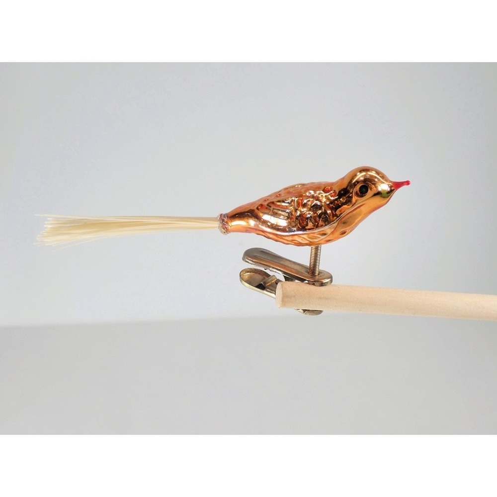 Vtg Blown Glass Bird Clip On Christmas Ornament Spun Glass Tail Rose Gold Copper